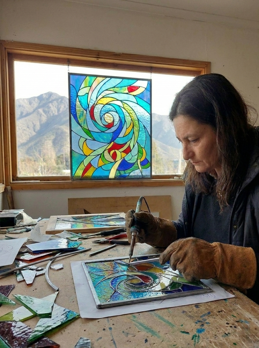 Carmen Gloria trabajando en su taller de vitrales